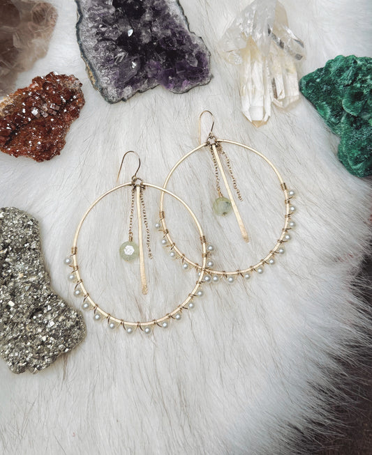 Pearl Hoops with Prehnite Stone